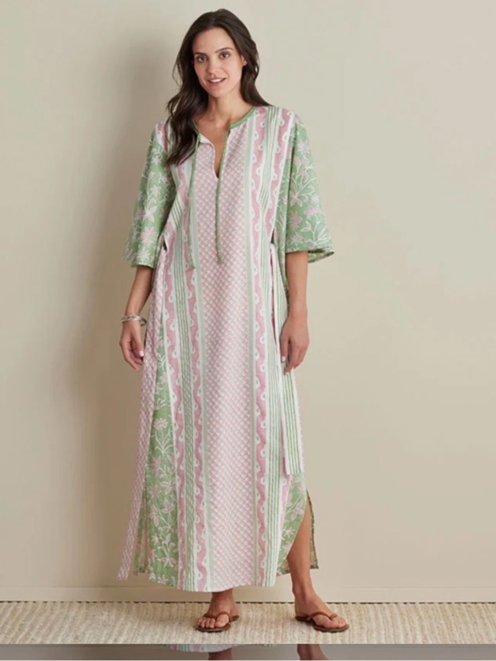 Printed Pink & Green Long Caftan Dress
